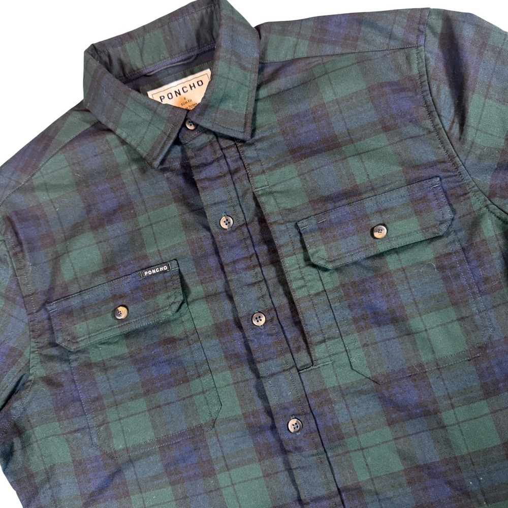 Poncho Slim Fit Flannel Shirt Mens S Cascade Green Navy Plaid Magnetic Pockets